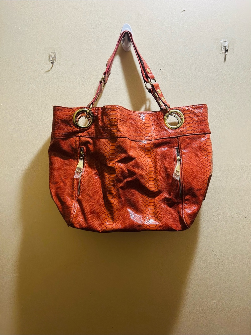 Jessica Simpson Orange Snake-Embossed Shoulder Tote